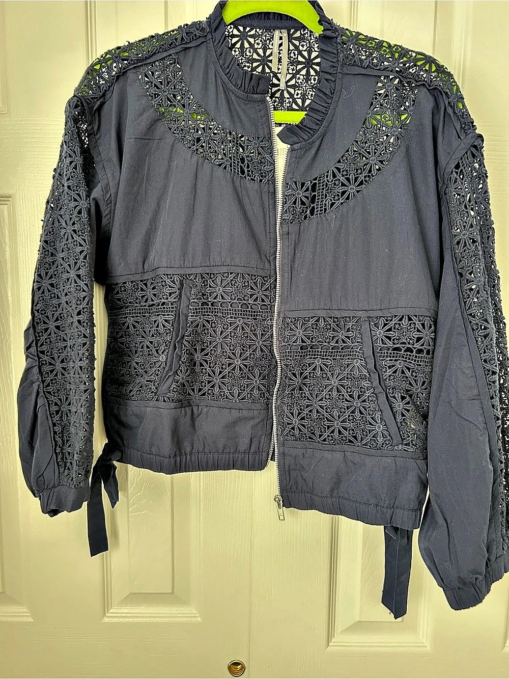 Anthropologie Lace Detail Bomber Jacket Size XS NWT navy